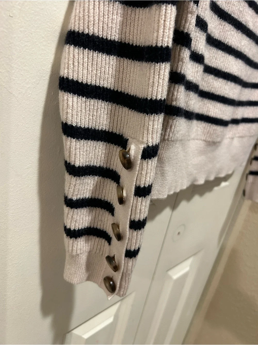 Sezane Sami Merino Wool Cotton Blend Striped Button Cuff Sweater  , Small